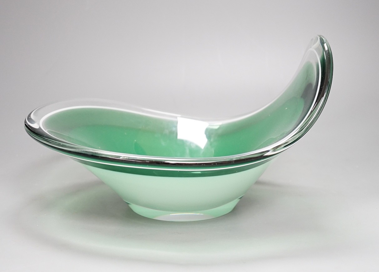 A Flygfors green and white cased glass bowl, signed, 30cm